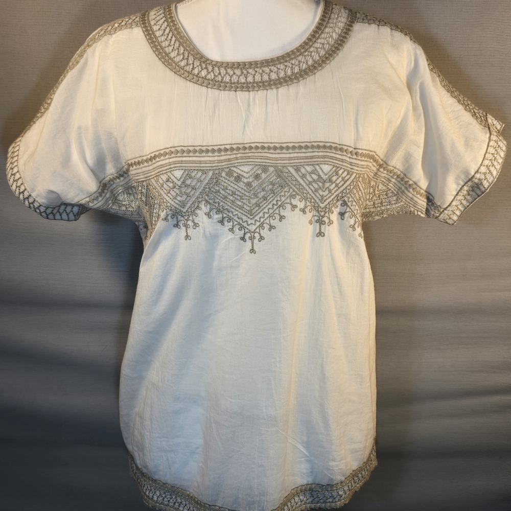Pomegranate Inc Women's Top Small Taupe Aztec Embroidery 100%‎ Cotton Short...